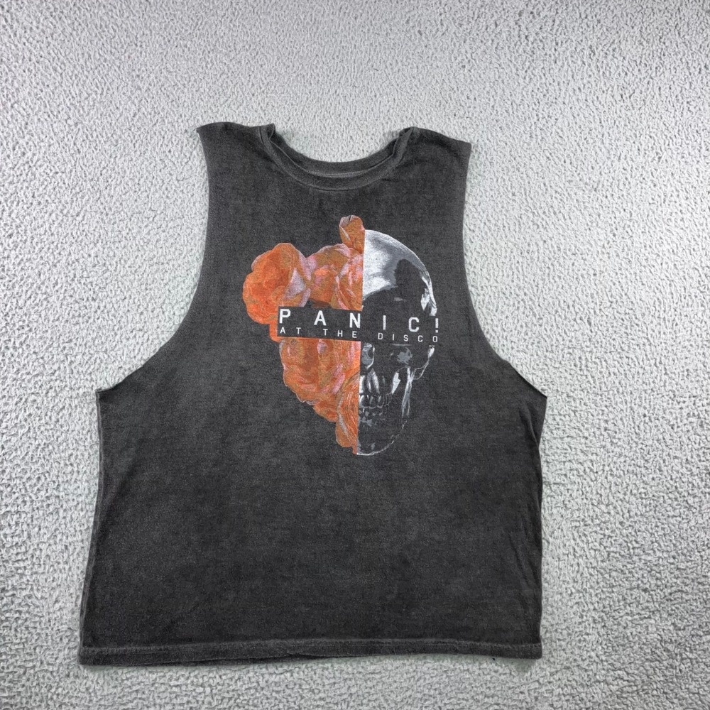 Panic At The Disco Tank Top Women XL Gray Skull Floral Grunge Band Edgy Emo Punk